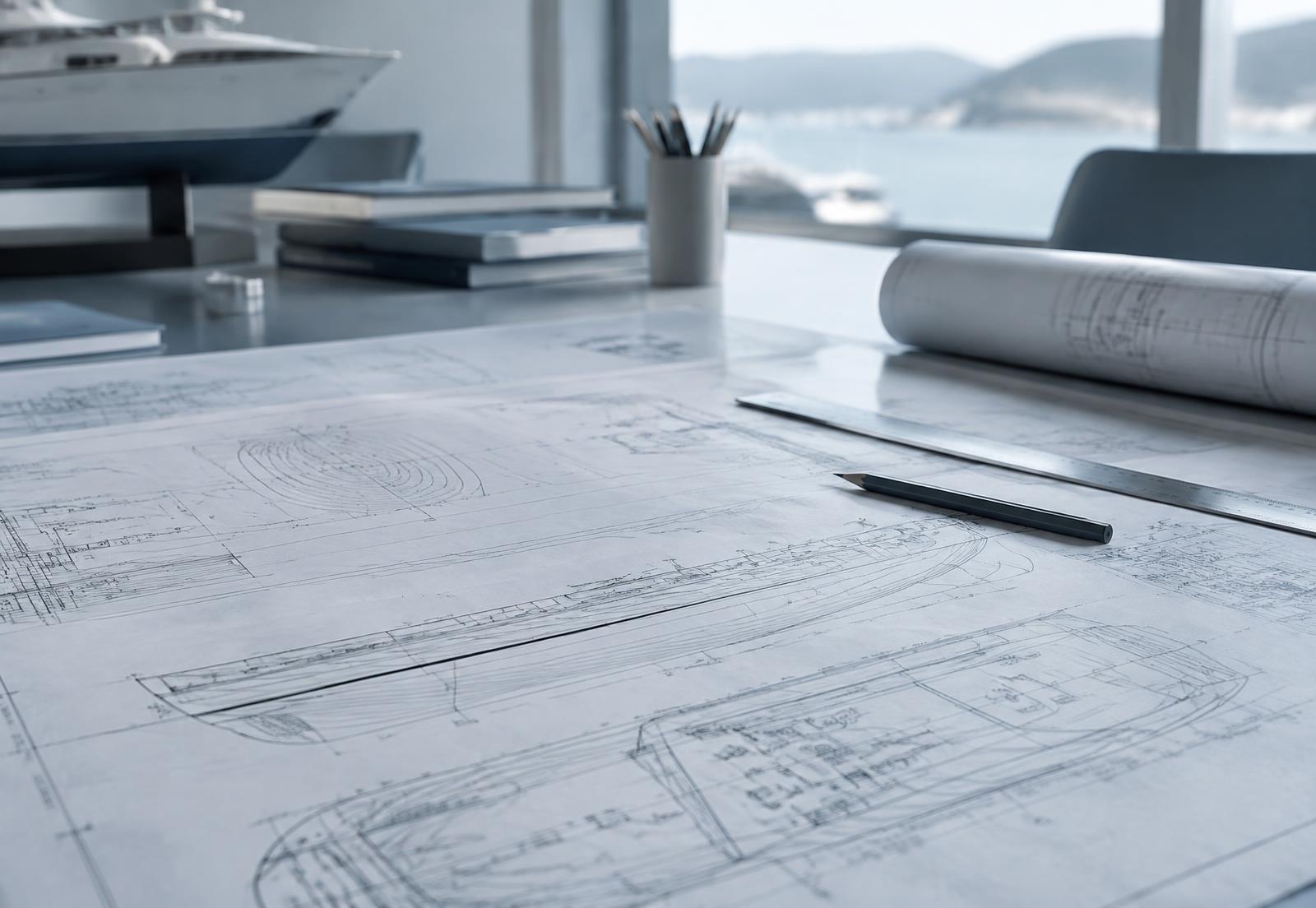 Vessel line drawings on a design desk