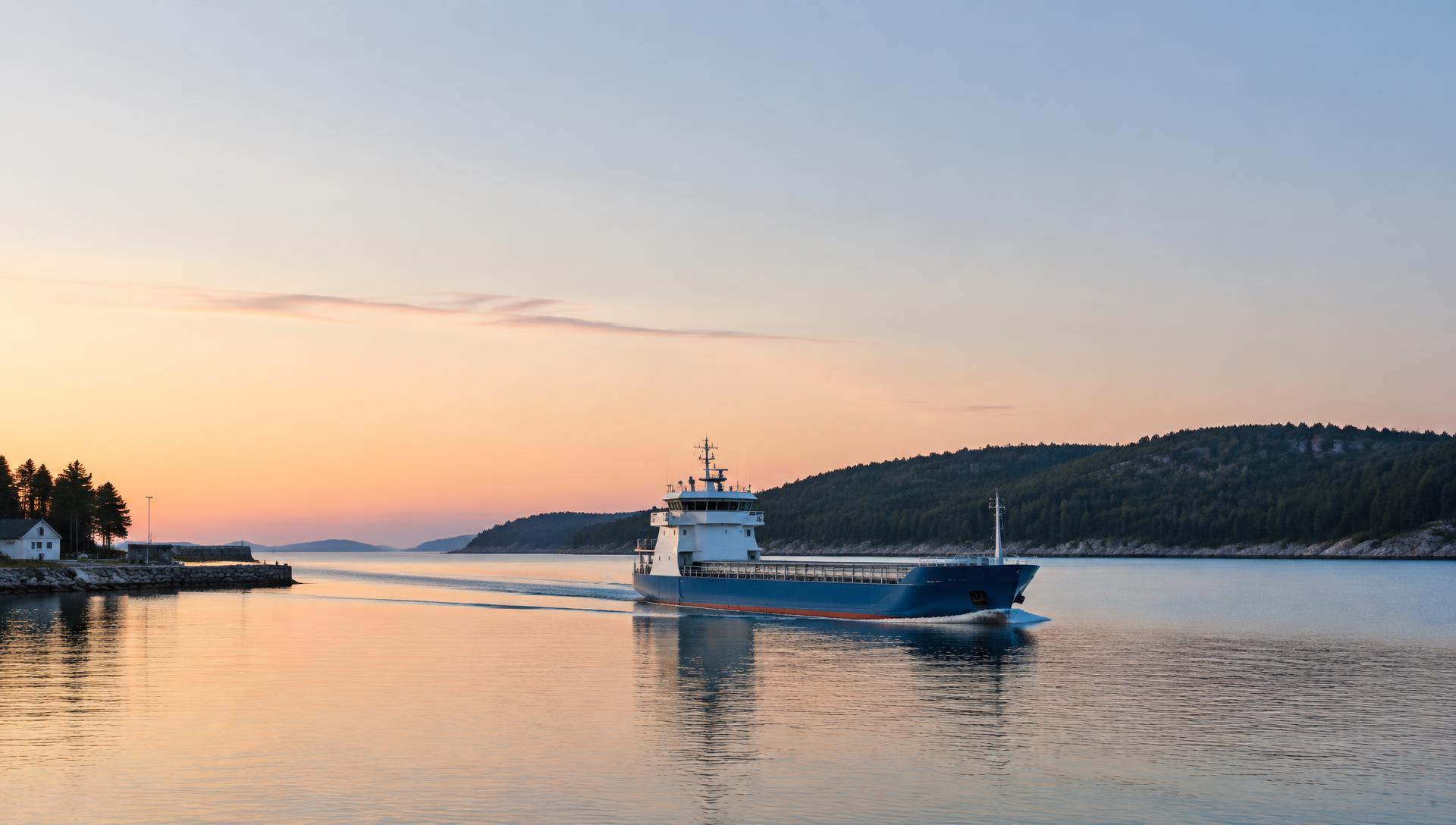 Illustration: electric cargo vessel leaving a Nordic harbour